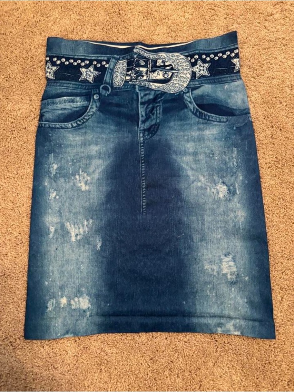 Denim Look Distressed Pencil Skirt with Embellished Belt